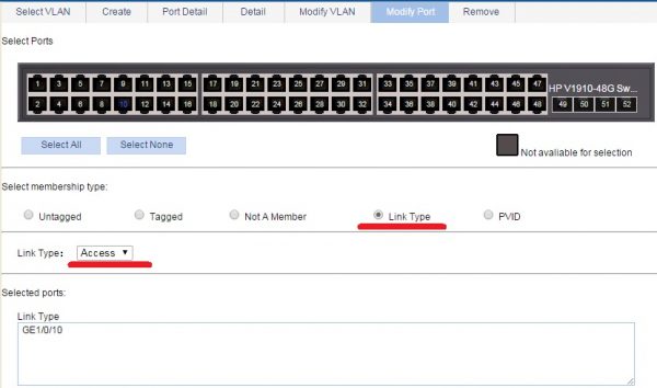 Удалить порт из vlan hp