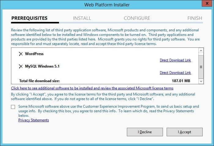 WordPress web installer summary