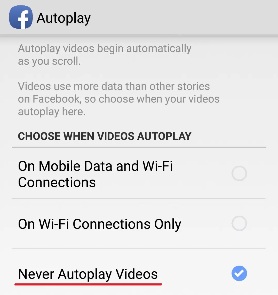 Android Facebook Autoplay Configuration