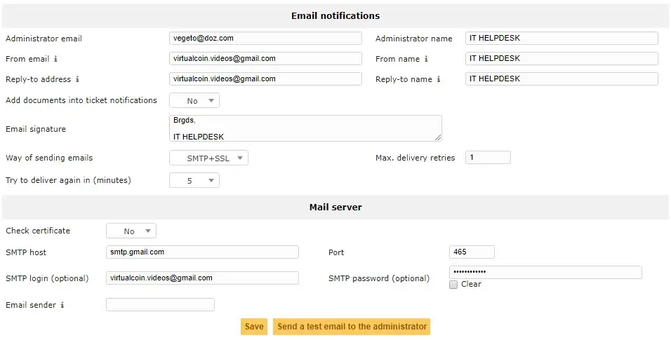 GLPI SMTP Configuration