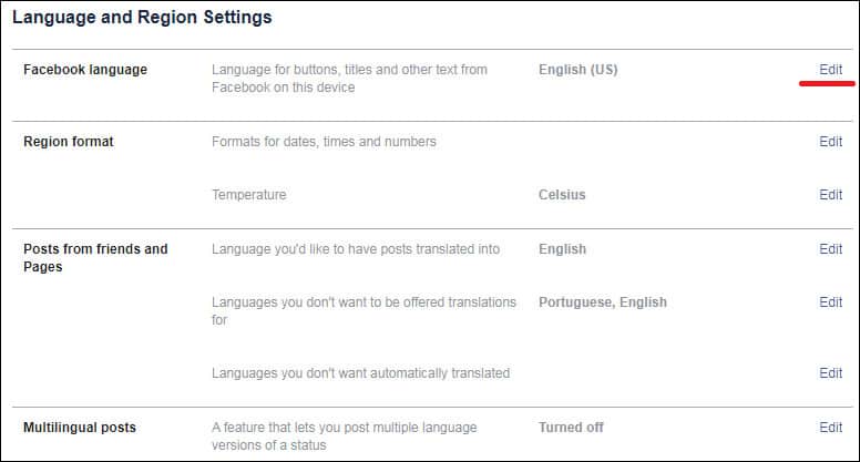 Facebook language configuration