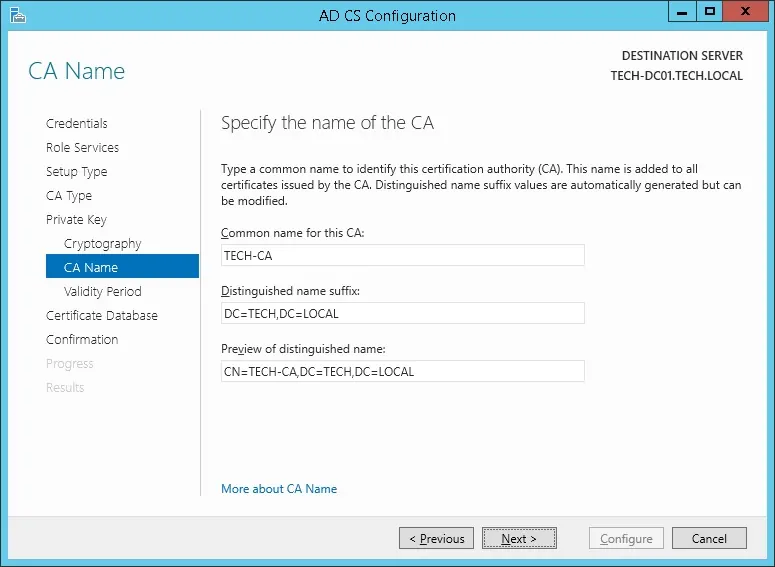 Windows CA name configuration