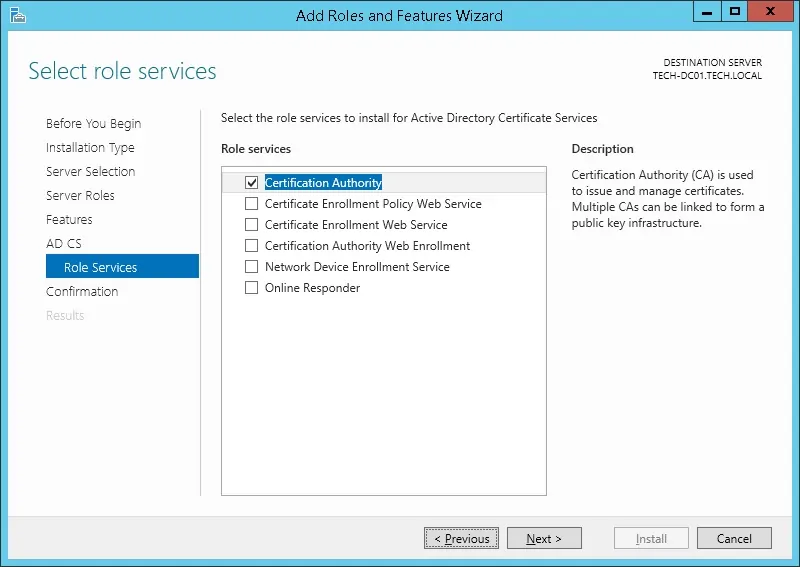 Windows server 2012 Certification authority install