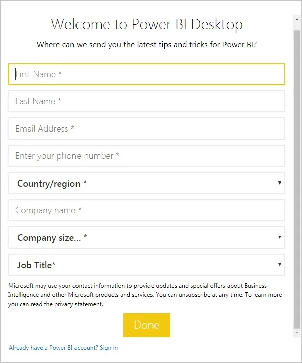 powerbi installation form