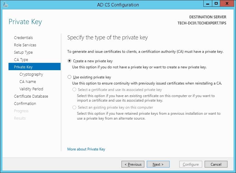 windows ca new private key