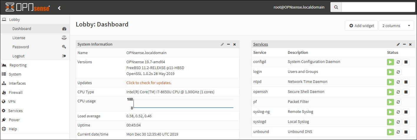 opnsense dashboard