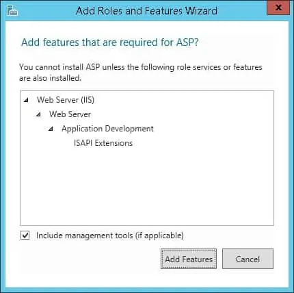 IIS ASP Add features