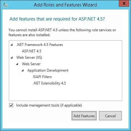 IIS ASPX Add features