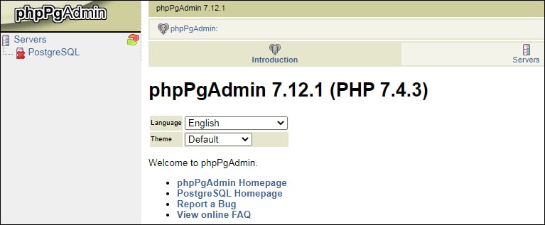 PHPPGADMIN initial screen