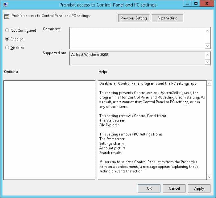 Group Policy Object - Disable Control Panel