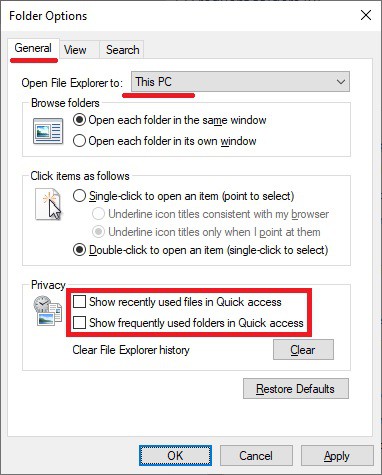 Windows 10 - Folder option - Disable quick access
