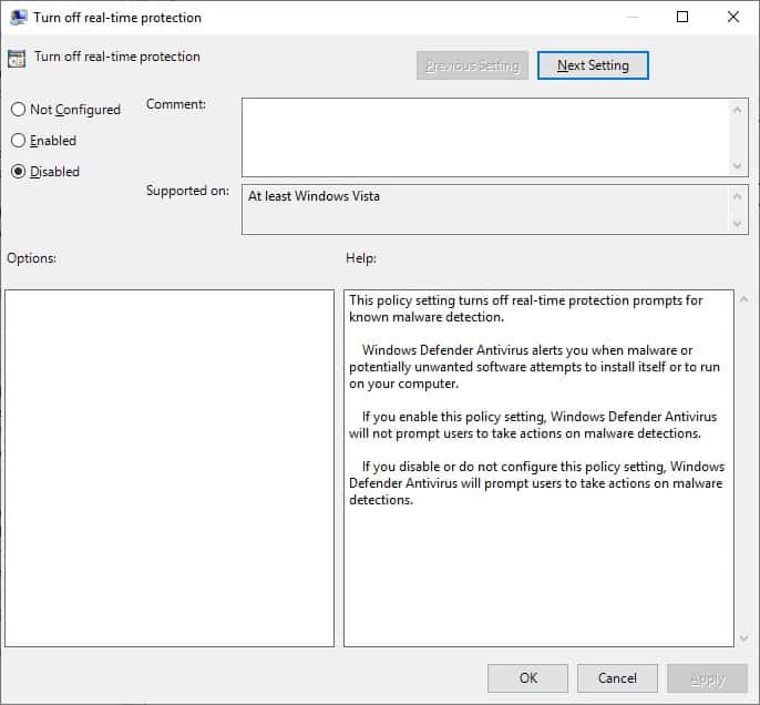 windows defender app turned off by group policy