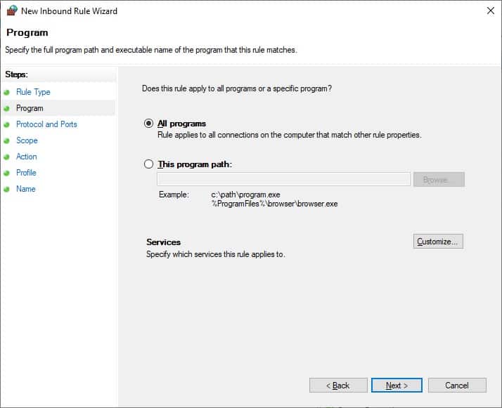 Windows firewall - All programs