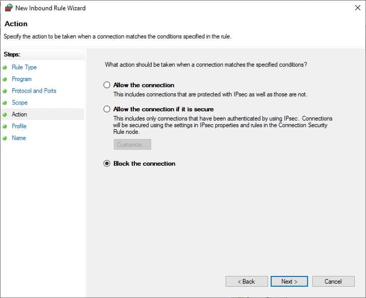 Windows firewall - Block the connection