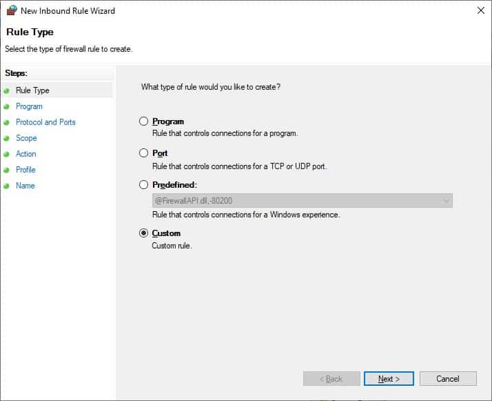 Windows firewall - Custom rule