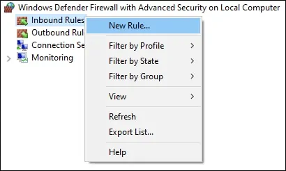 Windows firewall - New inbound rule