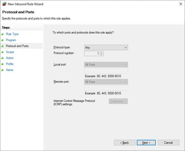 Windows firewall - Protocol and ports