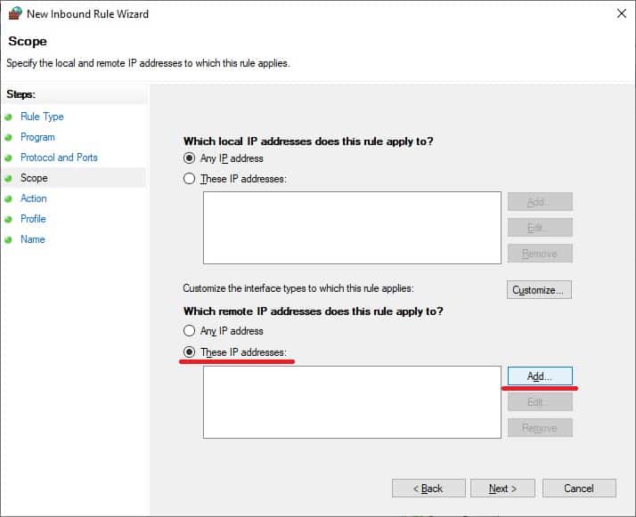 Windows firewall - Remote IP address