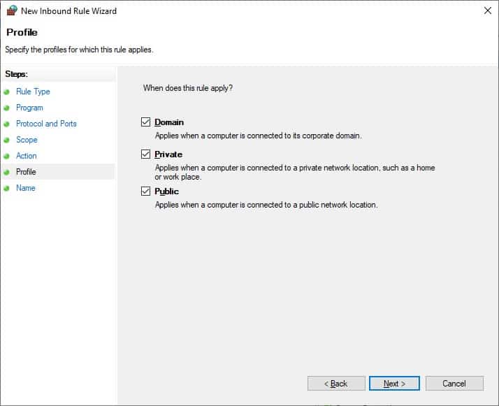 Windows firewall - profile configuration