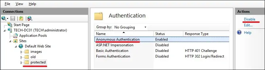 IIS - Disable the anonymous authentication