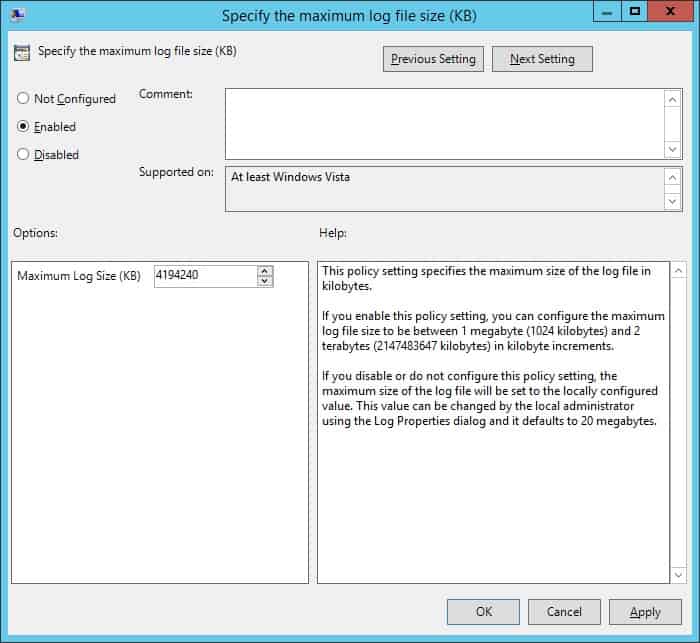 GPO - Specify the maximum log file size