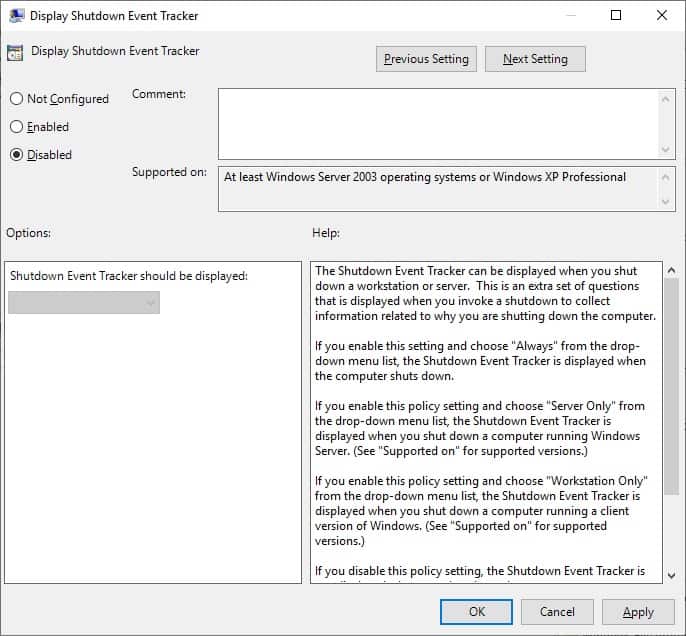 GPO - Disable shutdown event tracker GPO - Disable shutdown event tracker