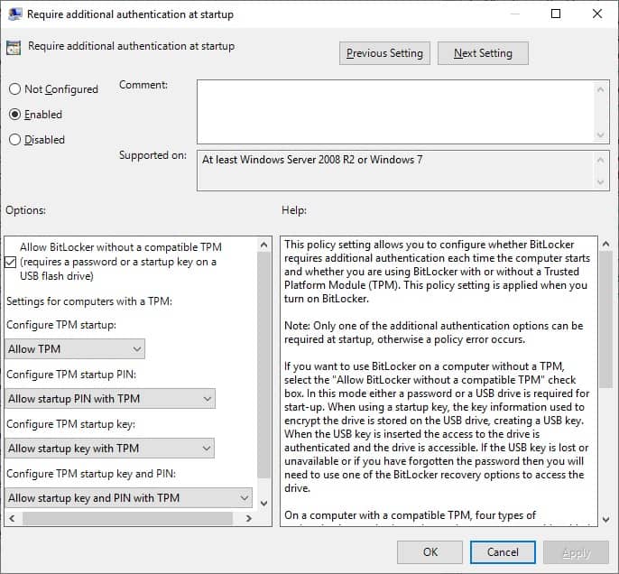 bitlocker without tpm windows 10