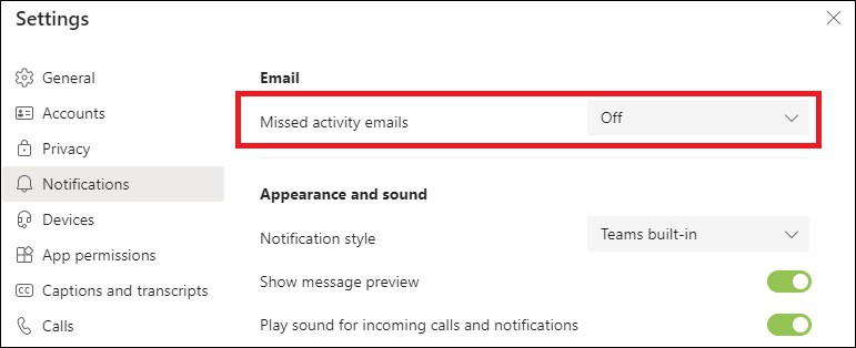 Microsoft Teams - Missed activity emails