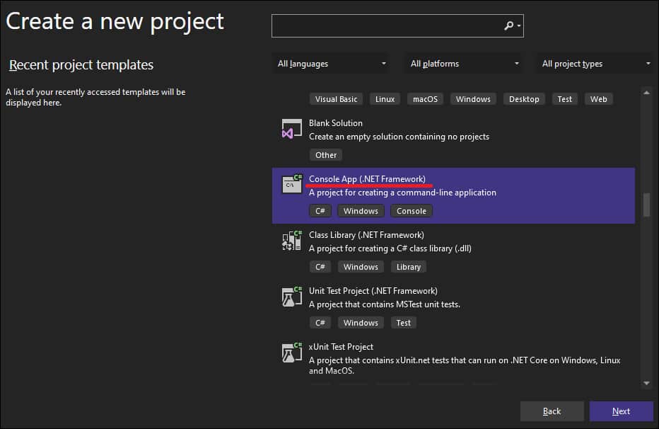 Visual Studio - New Project Console DotNet