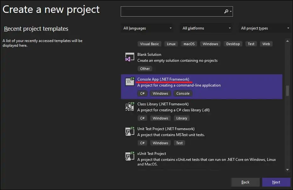 Visual Studio - New Project Console DotNet