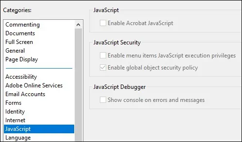 Adobe Reader - Disable JavaScript